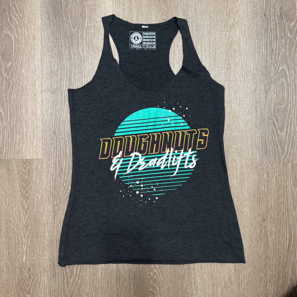 Doughnuts & Deadlifts Tank Top Womens Small Charcoal Grey Graphic Racerback